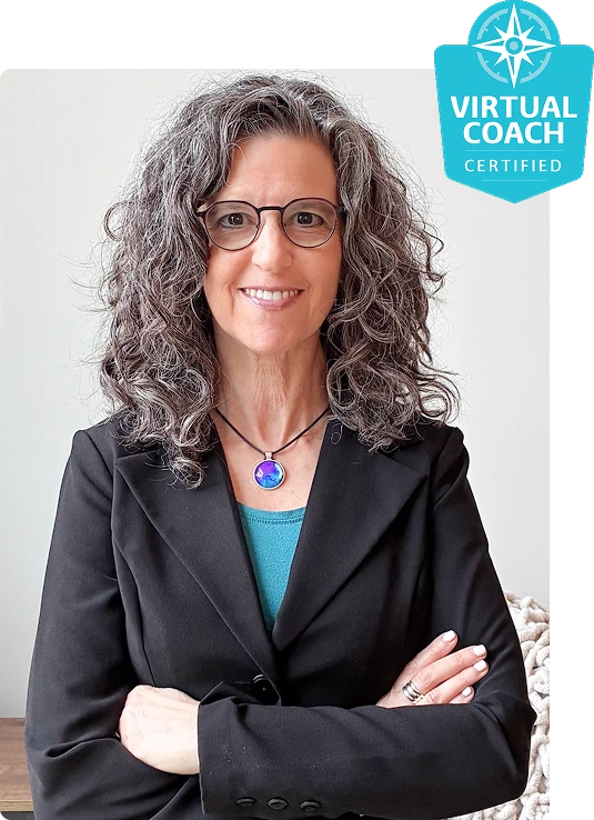 Dena with her arms crossed and a "Virtual Coach" badge in the top right