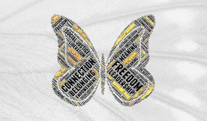 Butterfly made of positive words on a background with a butterfly wing pattern