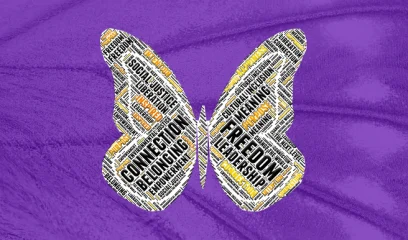 Butterfly made of positive words on a background with a butterfly wing pattern
