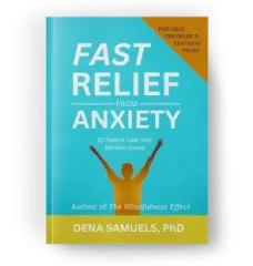 Cover for Dena's Book "Fast Relief for Anxiety" with a teal background and a gold outline of a person celebrating.
